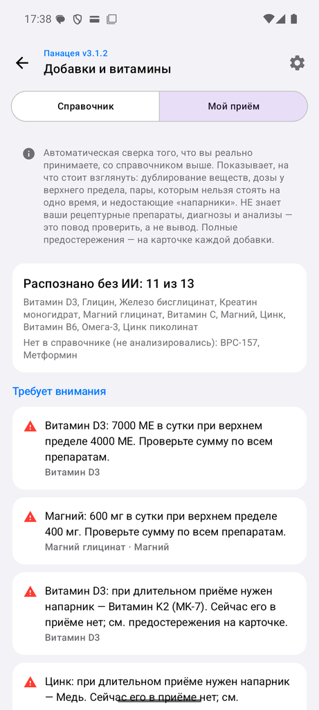 Экран «Мой приём»: четыре находки сверки — превышения по D3 и магнию и два
                 недостающих напарника